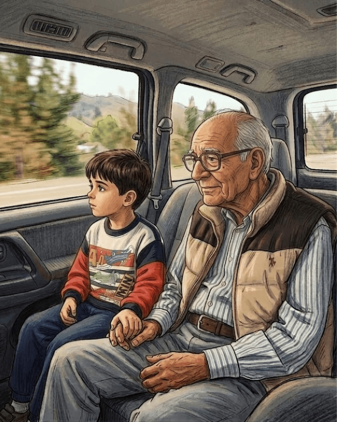 Young AJ with his grandpa on a family road trip in Southern California